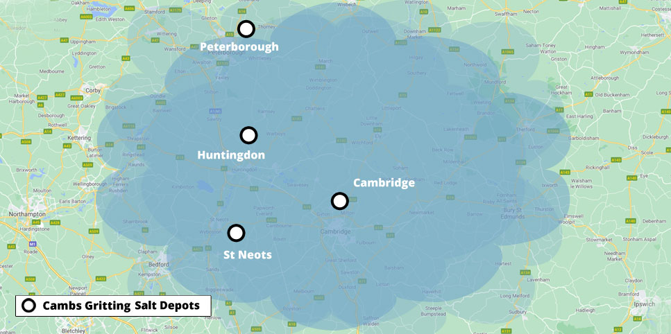 Map of gritting service areas Cambridgeshire and surrounding counties